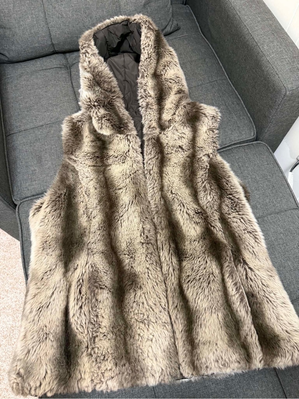 Faux Fur Hooded Vest in Taupe